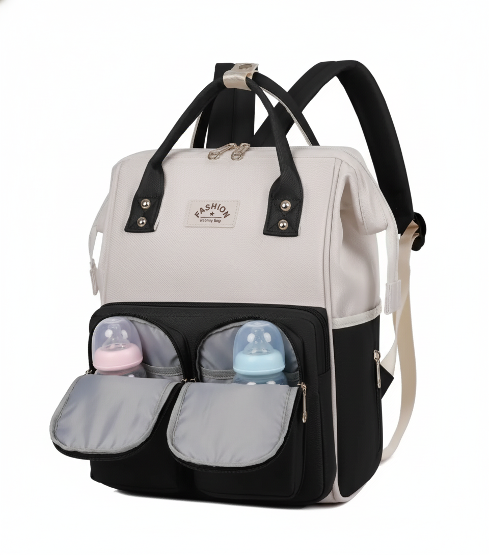 sac à dos à langer noir et blanc biberon
